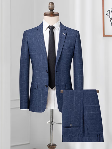 Pierre Cardin Suit Men's Slim Two-piece Suit Groom Wedding Dress Formal Professional Work Men's Suit Cut Label Blue Gray Plaid 1U003Q Top + Pants - No Slits S 165/44A Recommended 100-115Jin Jin equals 0.5kg