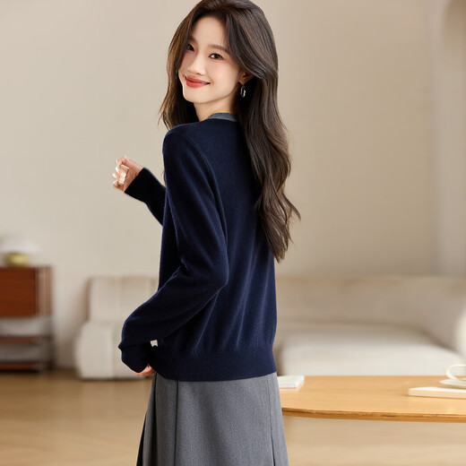 Shexi (Srcr) fake two-piece pure wool sweater for women, 100% wool inner layer, autumn and winter short loose contrasting color knitted sweater