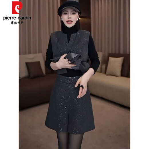 Pierre Cardin fashionable small fragrant vest set 2025 new women's autumn and winter mid-length sleeveless woolen jacket and shorts two-piece set gray vest + shorts S 85-95
