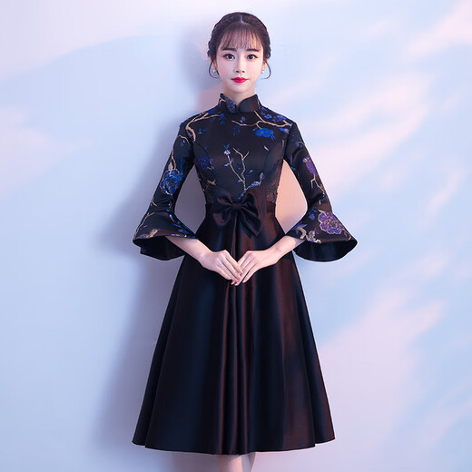 Timochi New Chinese Style Women's Banquet Evening Dress Small 2026 Chinese Style Black Temperament Long Style Host Style Solo Finger Black M