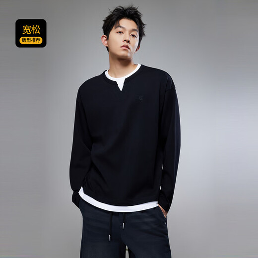 Cabin Henry collar fake two pieces Cabin pure cotton long-sleeved T-shirt men's 2025 autumn new inner top bottoming shirt coal black 01 L /175/50