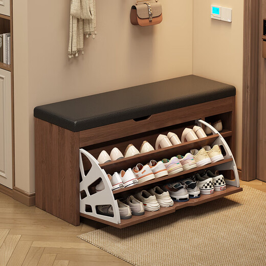 Shoe-changing stool at home, shoe cabinet and stool at the door, integrated bucket shoe rack, entrance good storage rack, flip-top sub-grid style, 100cm wilderness oak color