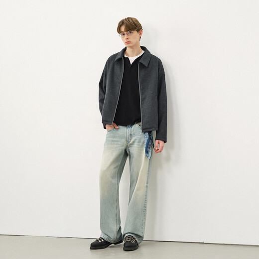 714street old money style wool blended lapel jacket 2025 autumn and winter silhouette woolen jacket for men dark gray M