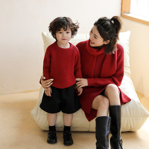 G.duck2025 parent-child clothing for a family of three children red girls and boys sweaters children's clothing baby family portrait New Year's greetings clothes burgundy 185 dad XXL size