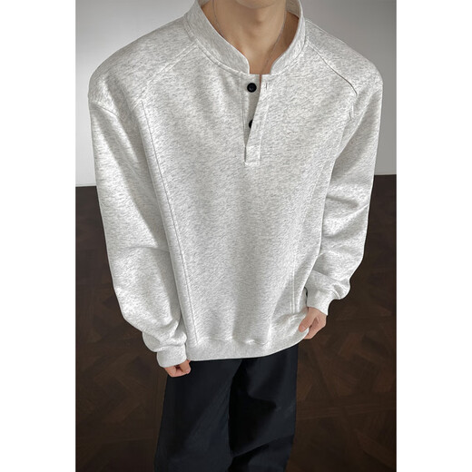 Unicorn Cool White Gray Henley Collar Front Shoulder Long Sleeve T-Shirt Men's Autumn American Deconstructed Stitching Heavy Sweater Stand Collar Bottoming Shirt White Gray M