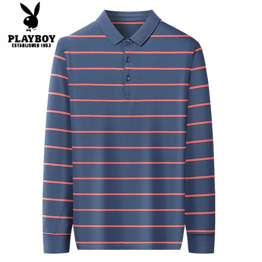 Playboy Pure Cotton Streifen Langarm T-Shirt Herren Frühling und Herbst Casual Vielseitig vielseitiges Top-Lampe-Mode-Polo-T-Shirt Amap/2356 Dunkelgrau L 17088a