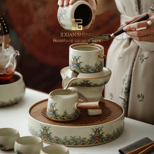 Mr. Ji's Chinese-style Ru Kiln lazy Kung Fu tea set ceramic automatic teapot teacup tea tray complete set high-end gift to the elders 2. (Haihaijiangya) Ru Kiln丨Automatic set 9 pieces + Ru Kiln disc packed in leather case