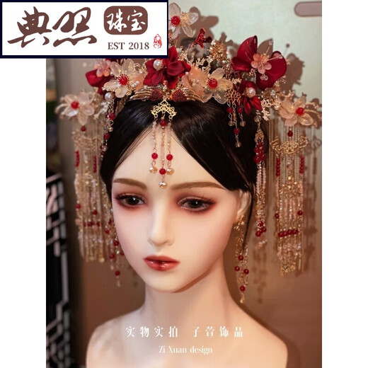 Typical photo of Fengguan Xiapei headdress Xiuhe suit Chinese style bride 2025 new red bow glazed hair crown ancient style wedding C main crown + back area + hairpin + earrings gift box