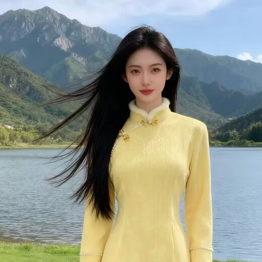 Cloth-like improved cheongsam autumn and winter French retro yellow temperament elegant daily wear new Chinese women's clothing goose yellow M