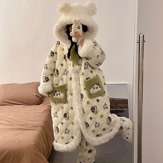 Modal thickened plus velvet three-layer quilted long nightgown for women autumn and winter pajamas coral velvet 2025 new winter warm 5319 coral velvet quilted robe + quilted pants M Recommended weight 90-100Jin Jin equals 0.5 kg