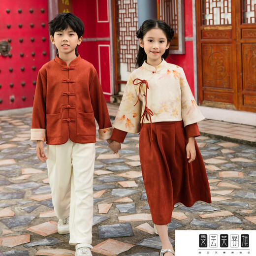 Chuangjingyi chooses parent-child clothing, Chinese style New Year parent-child clothing, Tang suit, Chinese style Hanfu, new Chinese style mother-daughter autumn and winter clothing, family of three suit_orange 140 baby boy_suitable for 130-138 height