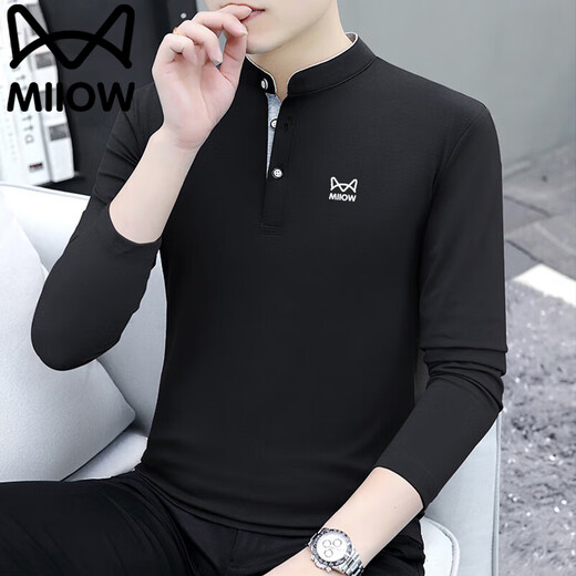 Catman long-sleeved Polo shirt men's spring and autumn round neck top solid color youth casual wear slim bottoming shirt