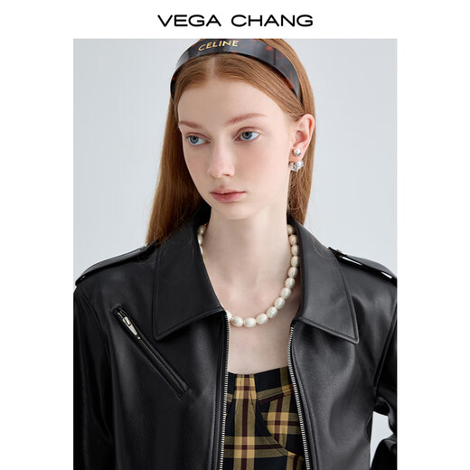 VEGA CHANG black leather jacket for women 2025 autumn new British style cool motorcycle leather jacket short coat Obsidian Black S