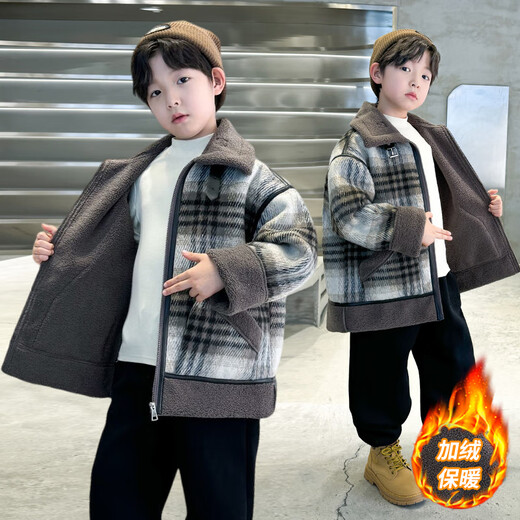 Monkey Brother Boy's Velvet Jacket Autumn and Winter Clothing Medium and Large Children's Western Style Mid-Length Woolen Coat Boys' Winter Clothing Thickened Top Picture Color 150
