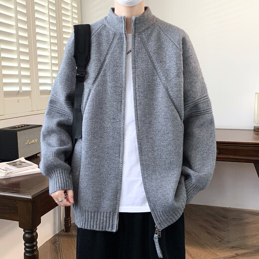 FKDK cardigan sweater men's autumn and winter lamb velvet sweater jacket men's trendy loose zipper thickened casual sweater gray XL