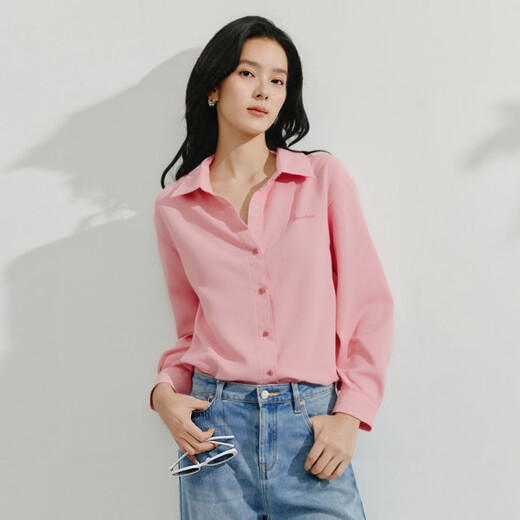 INMAN pure cotton commuting simple European style blue shirt for women 2025 summer versatile and comfortable embroidered back slit shirt lotus root pink S