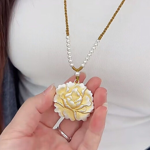 Laohuangxiang genuine pure silver 999 gold peony pendant Chinese style women's Chinese double-sided braided rope sterling silver necklace
