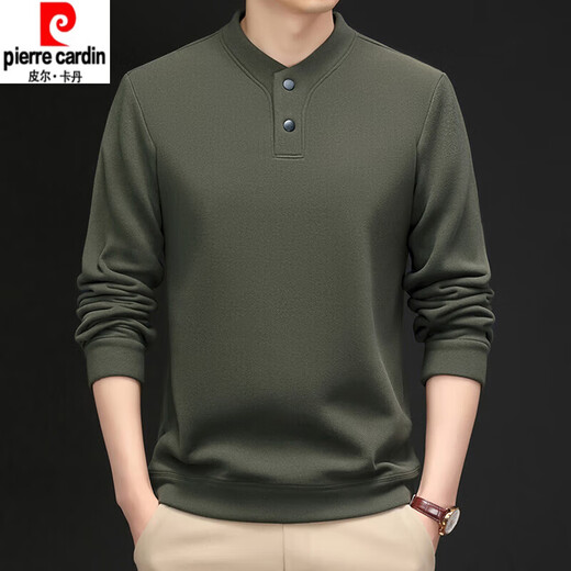 Pierre Cardin high-end winter middle-aged men's casual stand-up collar sweatshirt solid color German velvet thickened top two-button T-shirt base layer coffee color XL 130-150Jin Jin equals 0.5 kg