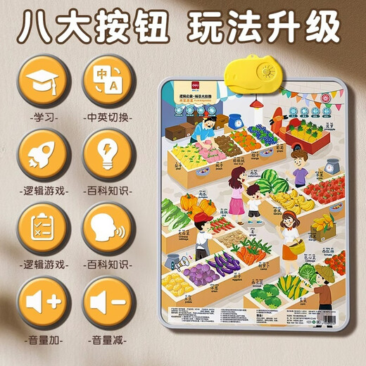 得力（deli）有声挂图儿童早教认知动物拼音数字幼儿启蒙宝宝益智学习玩具 【水果蔬菜】中英双语 附挂钩+电池