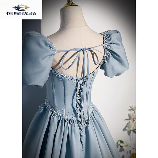 French Princess Evening Dress for Women Light Luxury Niche Satin Adult Ceremony Vocal Art Test Solo Blue XS