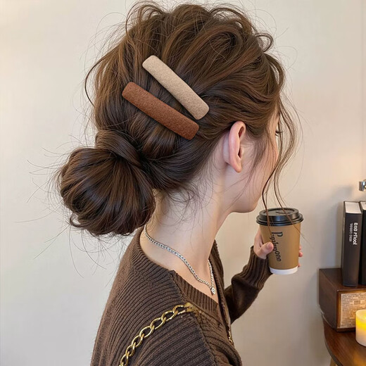Li Qing solid color fabric rectangular hairpin, coffee color 2 pieces, bangs clip, side clip, BB clip, one-word clip hairpin hair accessories