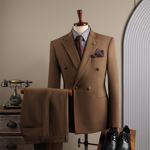 DK high-end men's suit suit men's double-breasted jacket casual business formal wear groomsman wedding suit two-piece brown (suit + trousers) 3XL 56 (145-158Jin Jin equals 0.5 kg)