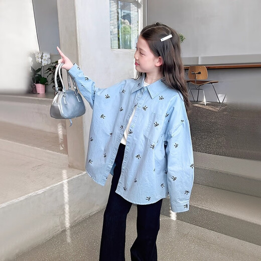 Girls' loose trendy mid-length shirts children's fashionable Internet celebrity shirts big children's tops 2025 spring and autumn new style blue 160