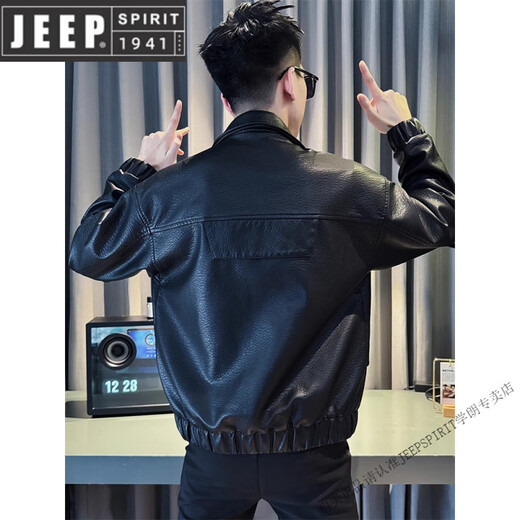 JEEP SPIRIT short leather jacket men's spring and autumn 2025 new single-breasted lapel motorcycle leather jacket trendy men's black M 95-120Jin Jin equals 0.5 kg