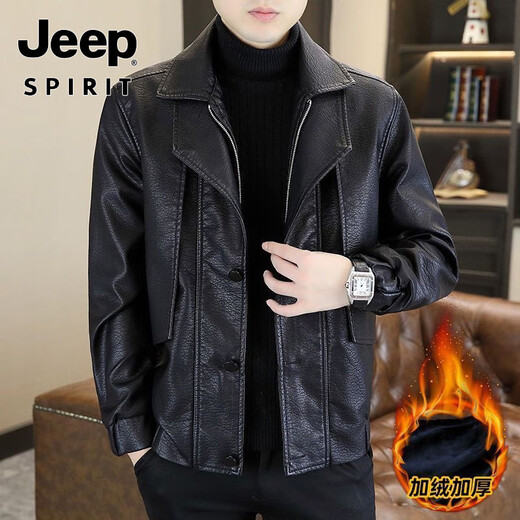 JEEP SPIRIT fake two-piece men's leather jacket 2025 new winter velvet warm casual motorcycle leather jacket top high-end black velvet M 100-120Jin Jin equals 0.5 kg