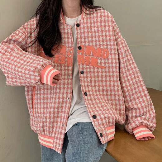 Hanyu Jacket Women's Spring and Autumn Versatile 2023 Spring Trendy Brand Slanted LOGO Baseball Jacket National Fashion Street Houndstooth Brown Woolen Fabric, Full Craftsmanship Embroidery S 75-90Jin Jin is equal to 0.5 kg