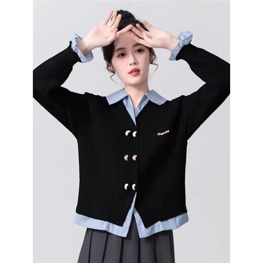 Muni black fake two-piece sweater for women 2025 new college style spliced POLO collar sweater jacket top autumn and winter fake two-piece PoLo collar sweater black (80-130Jin Jin is equal to 0.5 kg)