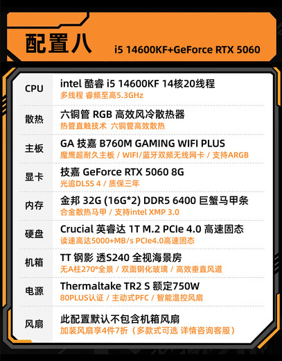 Ningmei National Family Bucket 14th generation i5 14600KF/RTX5060Ti/water-cooled e-sports game Black Myth Wukong design rendering desktop computer host configuration 8 |14600KF+RTX5060