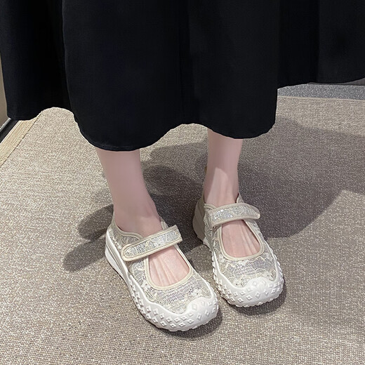 玛丽珍单鞋女蕾丝镂空网面透气厚底慢步鞋防滑耐磨休闲时尚妈妈鞋 YGNX-672米色 37