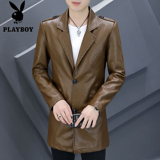 Playboy (PLAYBOY) chaqueta de cuero de longitud media con cuello de traje para hombre, chaqueta de cuero de PU delgada e informal de negocios, chaqueta de traje cortavientos atractiva de color sólido 8810 negro de longitud media 3XL (145-158Jin Jin equivale a 0,5 kg)