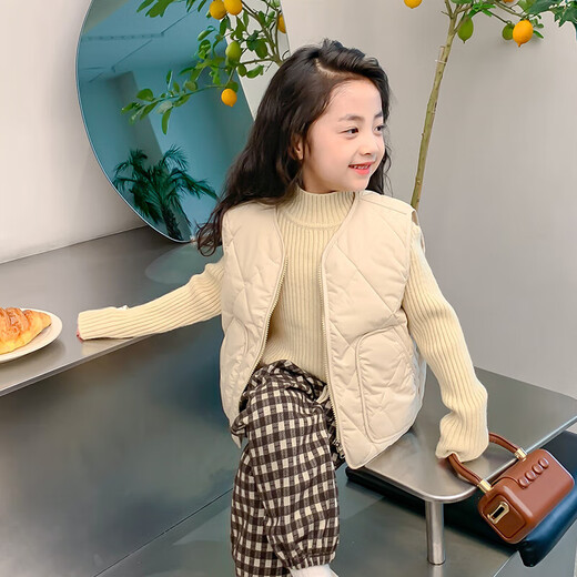 New children's school uniform waistcoat autumn and winter thin warm vest for boys and girls to wear inside and outside, medium and large children plus velvet waistcoat trendy off-white 130