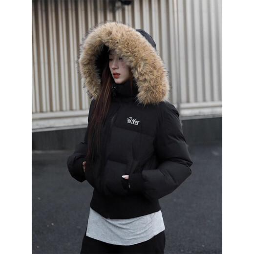 Luyal American autumn and winter short fur collar down cotton coat for women, waist slimming, high-end cotton coat for small people, cotton-padded jacket, black M