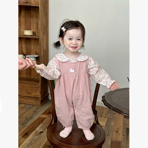 Xinnan Baby Autumn Clothes Winter One-Year-Old Girl Toddler Clothing Doll Collar Shirt Overalls Two-piece Baby Clothes Pink Floral Bunny Suspender Set 90 Codes