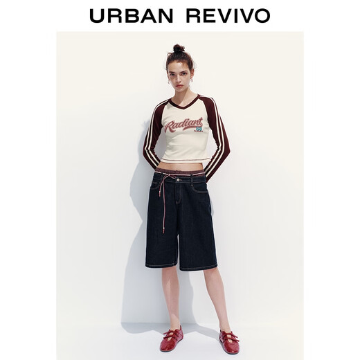 UR2025 autumn new women's denim fashion trendy contrasting color spliced ​​drawstring denim shorts UYL850151 blue 26