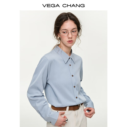 VEGA CHANG Light Blue Maze Light Blue Shirt Women's 2026 New Spring Basic Versatile Shirt Celadon Blue (Shirt) M