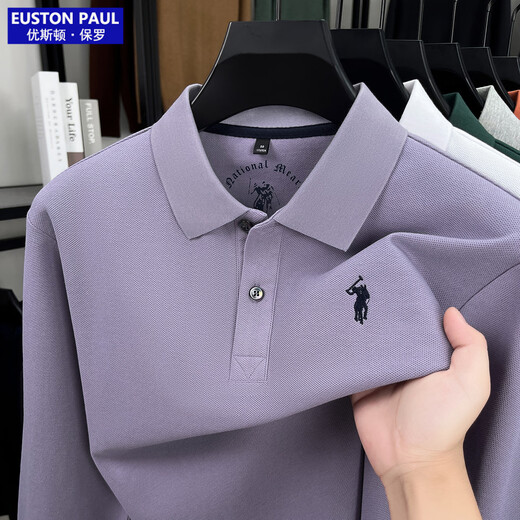 EUSTON PAUL Authentic Autumn New 100% Cotton Men's Long-Sleeved T-Shirt High-end Lapel Embroidery Versatile POLO Shirt for Young and Middle-aged People Black 2XL (54) Weight 155-170Jin Jin is equal to 0.5 kg