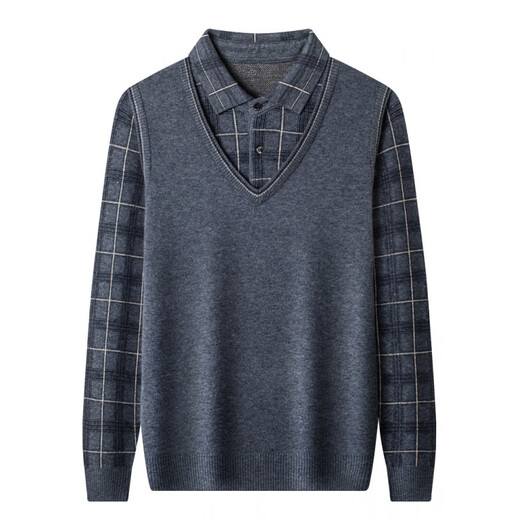 
NOSSKISS fake two-piece sweater men's autumn and winter casual plaid shirt collar layered base knitted men's worsted pure wool sweater on cyan S 165 [suitable for 105-120Jin [Jin equals 0.5 kg]]