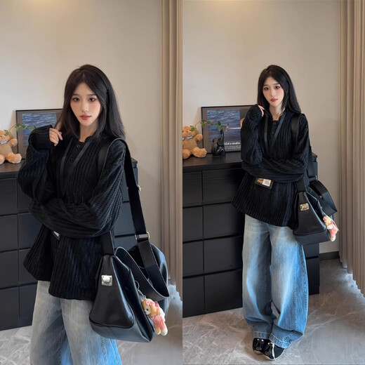 Mo Xiaoxiao herringbone pattern American Henry collar sweatshirt men's autumn heavy houndstooth long-sleeved T-shirt polo inner layering shirt black men's L recommended 105-120Jin Jin equals 0.5 kg