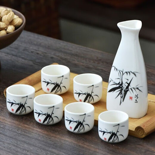 FANCYCHIC antique ceramic wine set, simple wine divider, white wine cup, yellow wine cup, green wine set, Japanese style wine pot, household black bamboo-safe packaging, one pot and two cups