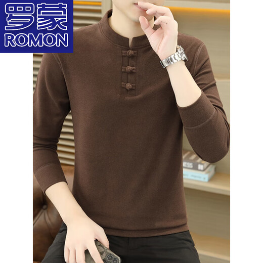 ROMON 100% cotton stand-up collar long-sleeved T-shirt men's Chinese style Henry collar polo shirt with button inside German velvet bottoming shirt 8806 Gray 2XL