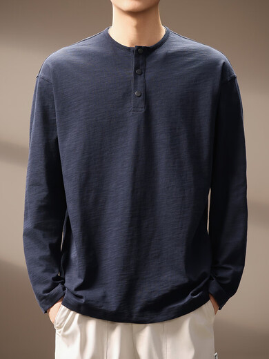 New Balance high-end bamboo cotton Henry collar long-sleeved T-shirt for men spring and autumn new loose casual top men's pure cotton bottoming shirt Royal Blue XL suitable for 150-170 Jin Jin equals 0.5 kg