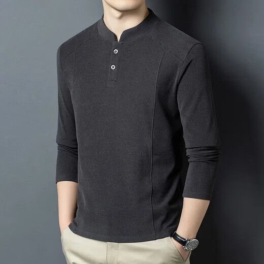 ROMON autumn and winter double-sided German velvet bottoming shirt men's Henry collar trendy versatile long-sleeved T-shirt stand-up collar sweatshirt men's clothing black M 100-115Jin Jin equals 0.5 kg