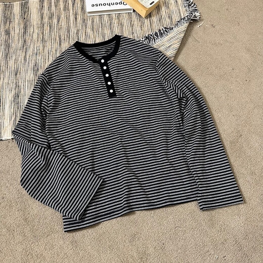 MANUSCRIPT striped Henry collar long-sleeved T-shirt, shoulder commuting white men's casual basic retro bottoming shirt, pure white M