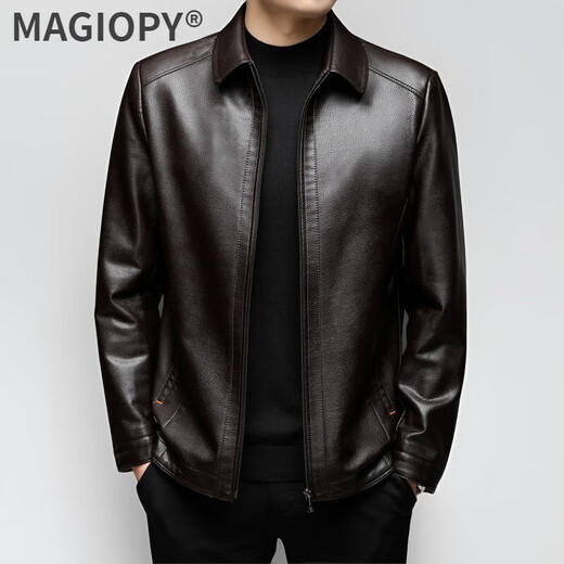 MAGIOPY high-end brand high-end leather jacket men's spring and autumn new middle-aged business lapel cowhide leather men's jacket dark brown M 170