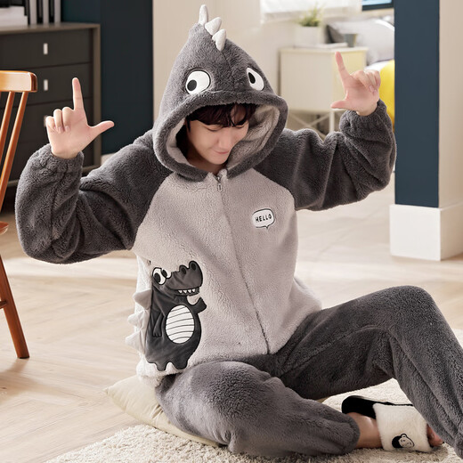 Teenage Love Story Men's Pajamas Autumn and Winter Coral Velvet Winter Plus Velvet Thickening Warm Teenagers Large Size Men's Home Clothing Set 140 Crocodile XL Male Height 168-176 Weight 128-150 Jin Jin is equal to 0.5 kg