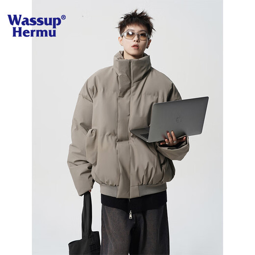 WASSUP HERMU official short cotton jacket for men in winter PU leather water-repellent solid color stand-up collar cleanfit jacket loose bread suit coffee XL (recommended 140-160Jin Jin equals 0.5 kg)
